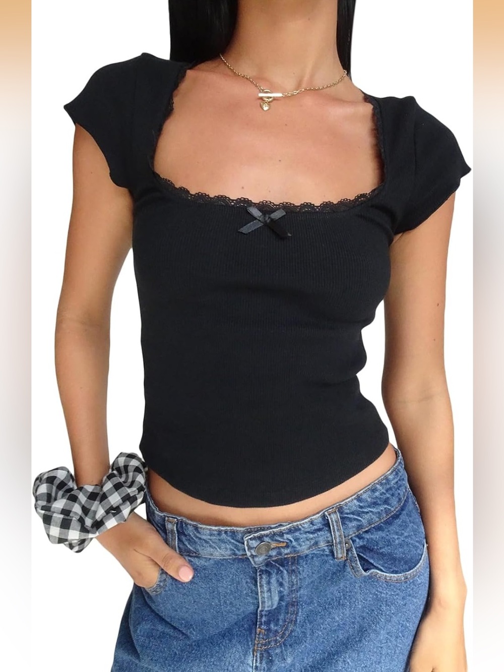 Cute Black Lace-Trim Square Neck Cotton Ribbed Baby Doll Tee! Semi-Cropped! NWOT